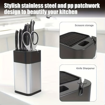 1PC Bloque de cuchillos de acero inoxidable con afilador incorporado - Organizador de cuchillos para encimera de cocina (cuchillos no incluidos)