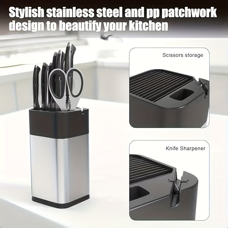 1PC Bloque de cuchillos de acero inoxidable con afilador incorporado - Organizador de cuchillos para encimera de cocina (cuchillos no incluidos)