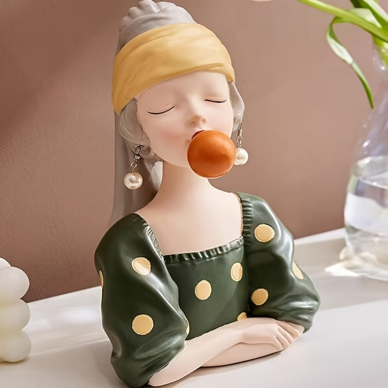Figura Caprichosa de Resina - Chica con Pendientes y Soplándose Chicle en Burbuja, Decoración Nórdica para Sala, Dormitorio u Oficina, Sin Necesidad de Electricidad, Regalo Único de Cumpleaños o Inauguración de Casa, Adorno Fantasioso