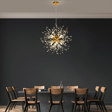 1 lámpara de cristal dorado de lujo, diseño moderno de diente de león, 8 bases para bombillas G9 - sin bombillas incluidas, cable ajustable, estructura metálica, ideal para sala, comedor, dormitorio o cocina