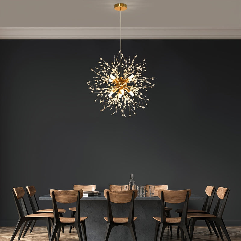 1 lámpara de cristal dorado de lujo, diseño moderno de diente de león, 8 bases para bombillas G9 - sin bombillas incluidas, cable ajustable, estructura metálica, ideal para sala, comedor, dormitorio o cocina