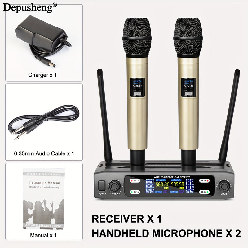 Micrófono inalámbrico profesional DEPUSHENG de dos canales portátil con pantalla digital, conector de 6,35 mm, indicador de batería y control de volumen - para reuniones, escenarios, actuaciones, KTV familiar, micrófono para computadora, equipo de audio