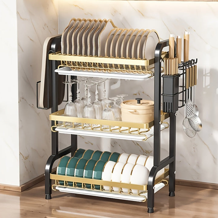 Estante de cocina de acero inoxidable de tres niveles con sistema de drenaje - Soporte de almacenamiento multifuncional para tazas y platos, diseño de gran capacidad que ahorra espacio adecuado para tazas, platos y tablas de cortar.