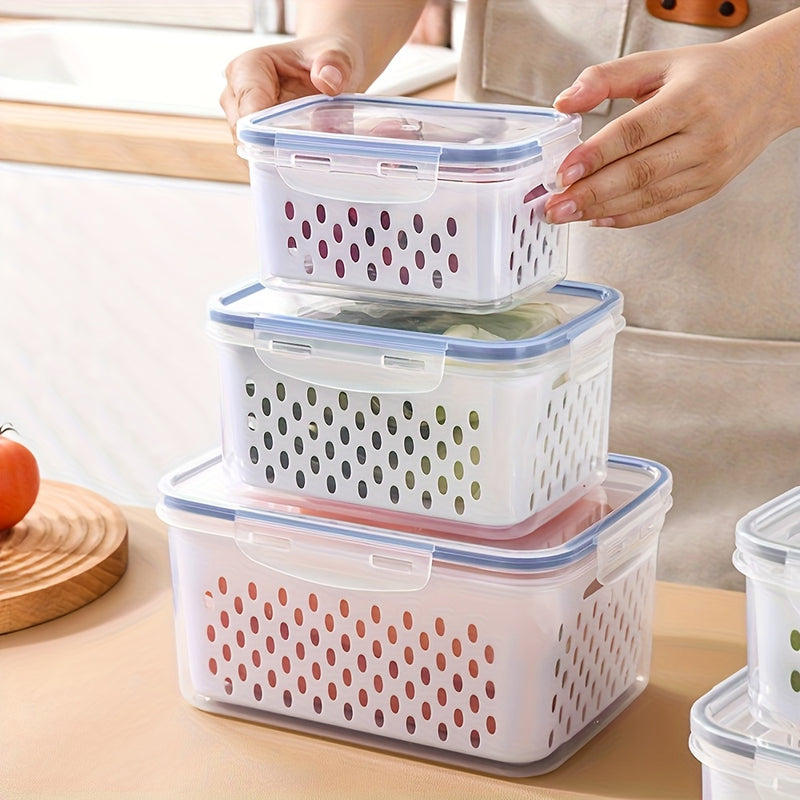 Juego de 9 contenedores de almacenamiento de alimentos de plástico sin BPA con cestas de drenaje y tapas - A prueba de fugas, aptos para congelador, organizadores de cocina multiusos reutilizables para frutas, verduras y alimentos.