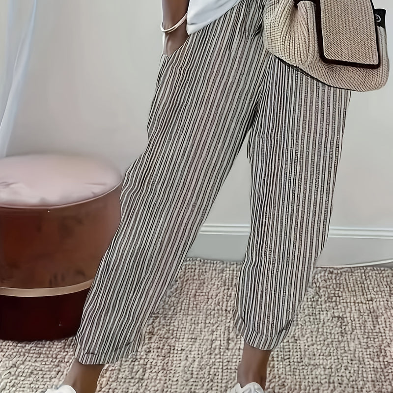 Pantalones de mujer 100% algodón, con cintura elástica y rayas, tobilleros, suaves y transpirables, casuales para vacaciones, con bolsillos, lavables a máquina, para primavera, verano y otoño, ropa de viaje, corte relajado, cómodos, con bolsillos, ideale