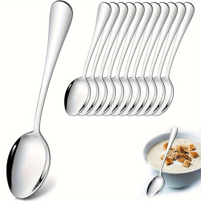 Juego de Cucharas para Cena de Acero Inoxidable de 12 Piezas, Juego de Cucharas para Sopa y Cenas de 17.02cm, Juego de Cucharas Grandes, Vajilla Moderna para Cocina/Hogar/Restaurante, Mango Redondo y Borde Suave, Apto para Lavavajillas