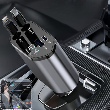 66W de Salida Máxima, Cargador Rápido para Auto con Cable Telescópico y 2 Puertos USB, Compatible con iPhone 15/15 Pro Max/14 Pro Max/13/12/11, Samsung, Xiaomi, Galaxy S23/22, Pixel