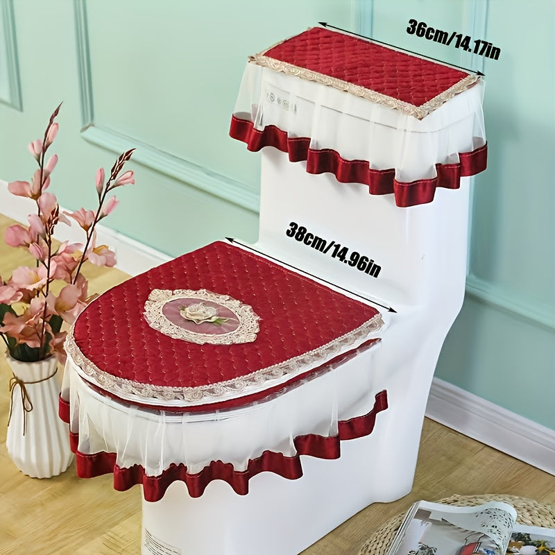 Juego de Tres Cubiertas para Asiento de Inodoro, Alfombrilla Universal de Estilo Europeo Doble Cara con Cierre y Arte en Encaje para Todas las Estaciones