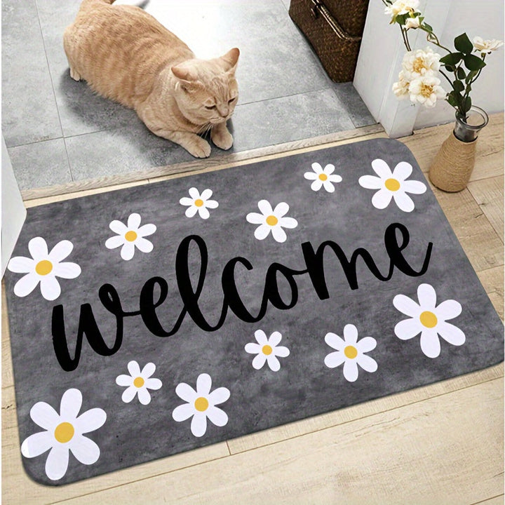 Alfombra de bienvenida con diseño de margarita, decoración suave y lujosa para dormitorio, sala, residencia, antideslizante y liviana, poliéster hecho a máquina, lavable a mano, 1 cm de grosor, 1 unidad