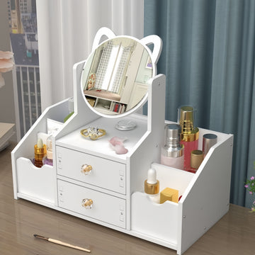 Organizador de Maquillaje de Mostrador con Espejo y Cajón, Caja de Almacenamiento de Cosméticos Impermeable al Polvo para Productos de Cuidado de la Piel, Soporte para iPhone, Sin Necesidad de Electricidad, Caddy de Maquillaje Ligero con Diseño Floral