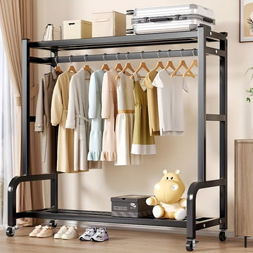 Perchero de Metal de Doble Barra con Cesta de Almacenamiento, Estantes y Ganchos - Organizador Portátil de Ropa, Fácil Montaje, Altura Ajustable, Diseño Ahorrador de Espacio para Dormitorio, Armario, Sala, Secado de Ropa