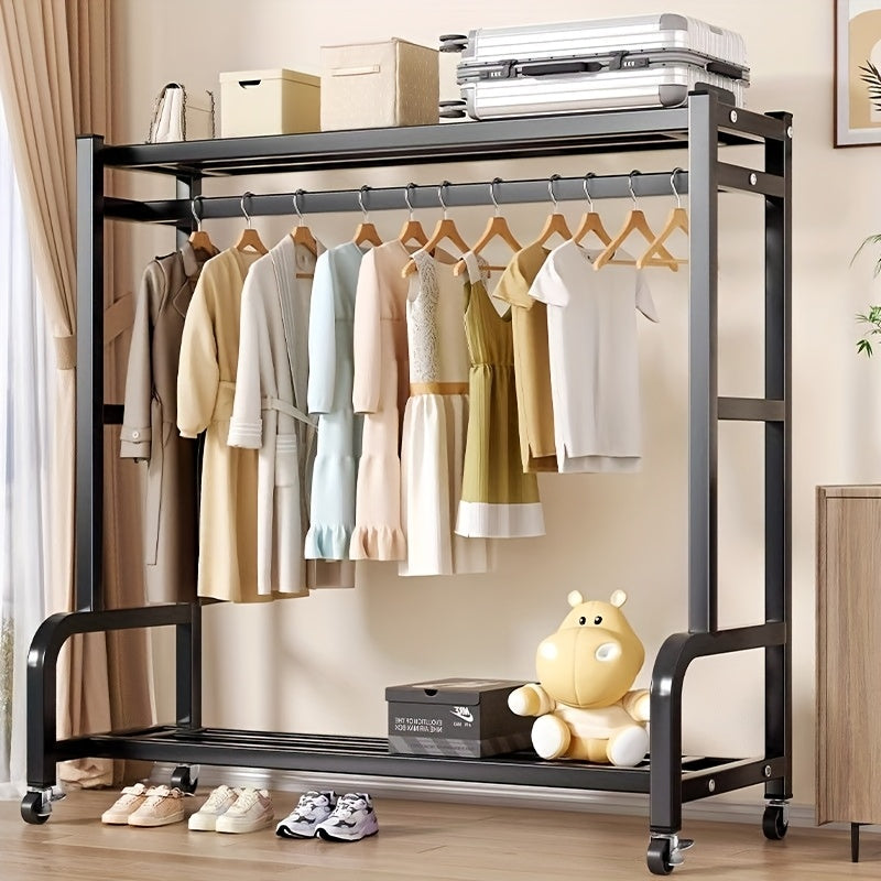 Perchero de Metal de Doble Barra con Cesta de Almacenamiento, Estantes y Ganchos - Organizador Portátil de Ropa, Fácil Montaje, Altura Ajustable, Diseño Ahorrador de Espacio para Dormitorio, Armario, Sala, Secado de Ropa