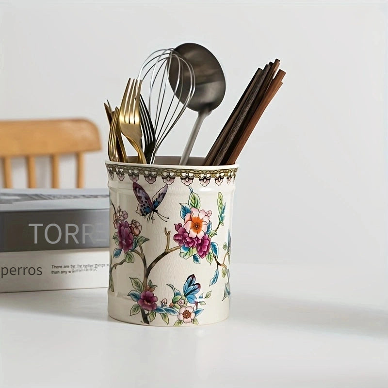 Juego de porta utensilios de cerámica de estilo europeo para cocina - Set decorativo de diseño floral para cubiertos, cuchillos, tenedores, cucharas y palillos organizadores