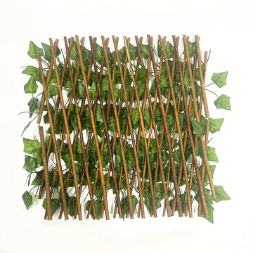 Paquete de 1 Valla de Privacidad Expandible de Madera Maciza - Diseño Ajustable con Hojas y Vegetación Artificial, Madera Marrón de Abeto para Jardín, Patio, Balcón - Barrera Decorativa Exterior para Navidad, Protección Solar, Mascotas & Decoración Rústi