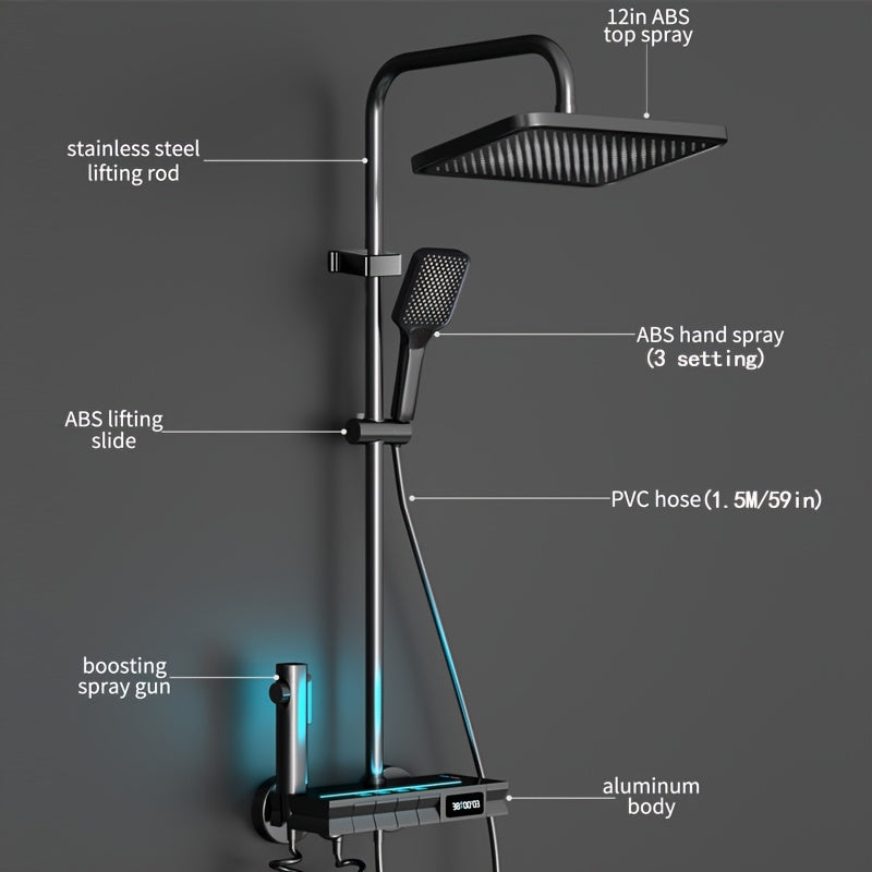 1 juego de sistema de ducha de lluvia termostático de cobre completo con pantalla digital LED inteligente, con luces de ambiente para el baño del hogar, ducha de lluvia de baño y ducha de mano, accesorios de baño