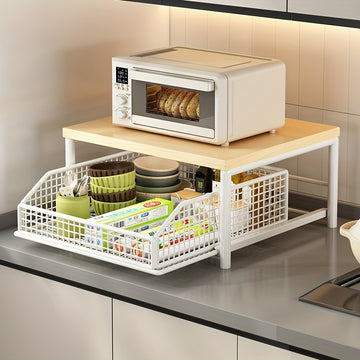 Estantería Moderna para Microondas con Cajón(es) - Estructura Robusta de Madera y Metal, Organizador de Encimera Ahorrador de Espacio para Electrodomésticos, Utensilios, Platos y Más - Solución de Almacenamiento Estilo y Durabilidad sin Necesidad de Elec