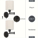 Conjunto de 2 apliques de pared con brazo oscilante y pantalla de lino moderna, lámpara de pared desmontable de metal con base E26 para sala de lectura, sala de estar - Enchufe estadounidense, 110V-130V, incluye herrajes de instalación