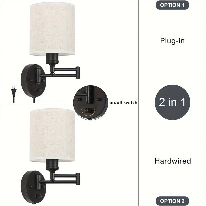Conjunto de 2 apliques de pared con brazo oscilante y pantalla de lino moderna, lámpara de pared desmontable de metal con base E26 para sala de lectura, sala de estar - Enchufe estadounidense, 110V-130V, incluye herrajes de instalación