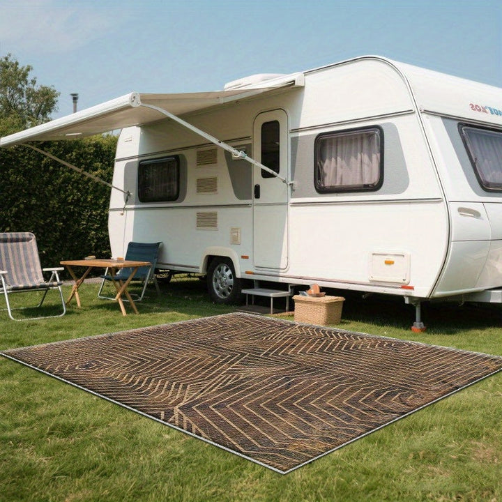 Alfombra geométrica grande para exteriores - Alfombra de piso rectangular de poliéster con diseño intrincado marrón y beige, suave y duradera para jardín, patio, balcón, porche, muelle, RV y uso interior/exterior, patio