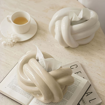 1 pieza de Cubierta para Caja de Pañuelos con Diseño de Nudo Cerámico - Portaservilletas Redondo Moderno en Beige y Blanco, Decoración Elegante para Baño, Sala de Estar, Encimera del Tocador