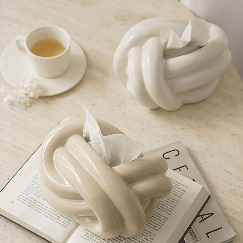 1 pieza de Cubierta para Caja de Pañuelos con Diseño de Nudo Cerámico - Portaservilletas Redondo Moderno en Beige y Blanco, Decoración Elegante para Baño, Sala de Estar, Encimera del Tocador