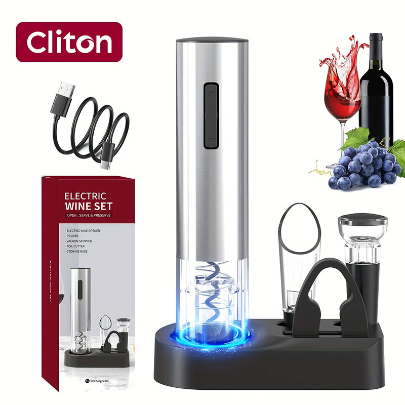 Abrebotellas eléctrico recargable, juego de regalo de vino automático de acero inoxidable, 1 pieza/4 en 1, opción de abrebotellas de vino, abrelatas automático para amantes del vino, uso en cocina hogareña, camping, recuerdo de boda, regalo de Navidad, f