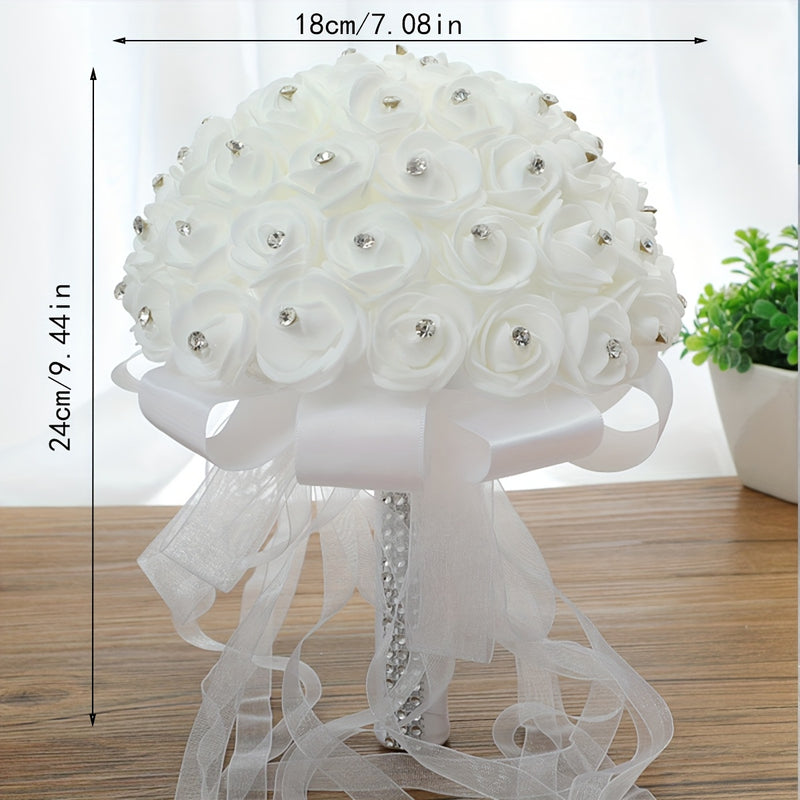 Ramo de novia artificial, rosas blancas de poliéster, sin pilas, ideal para bodas, San Valentín y compromisos