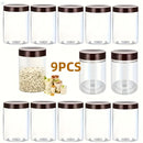 9 piezas de 16 onzas de frascos de plástico transparente con tapas marrones - Diseño con rosca y hermético para frutas secas, miel, nueces y más - Incluye etiquetas y bolígrafo, ideal para almacenamiento de cocina, accesorios para frascos de mason