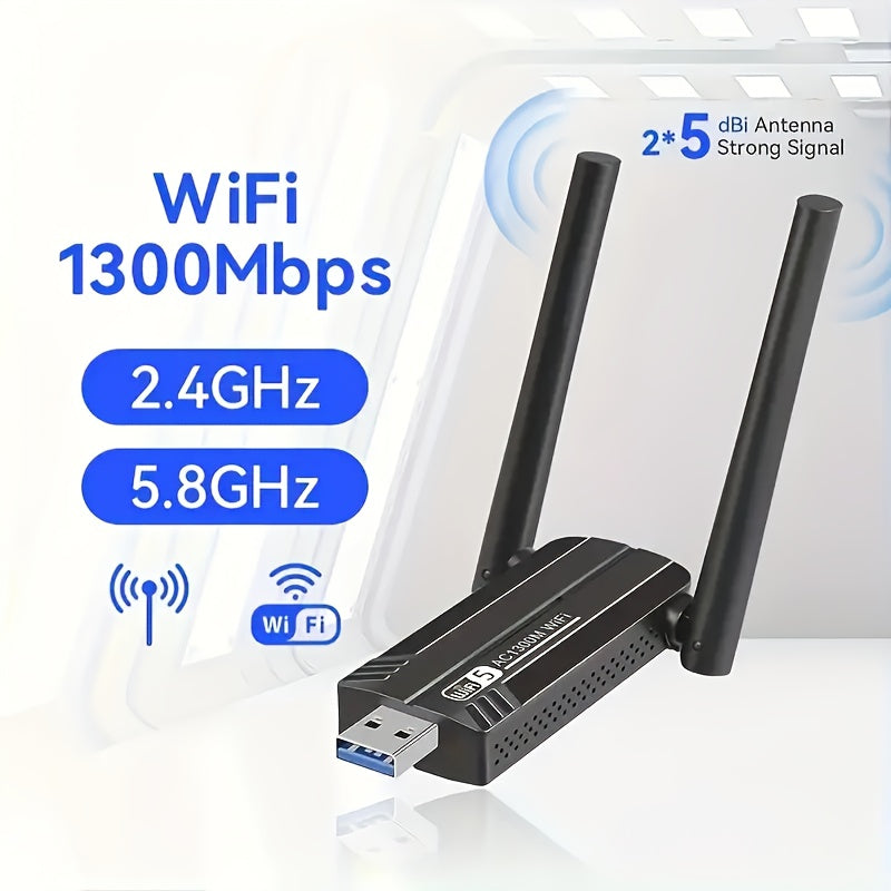 Adaptador de Red Inalámbrica USB 3.0 Dual-Band, Tarjeta WiFi para PC con Antena Integrada de Alta Ganancia de 1300Mbps – Plug & Play en Windows 10/11, ¡Activa Instantáneamente la Función WiFi y Punto Acceso Móvil!