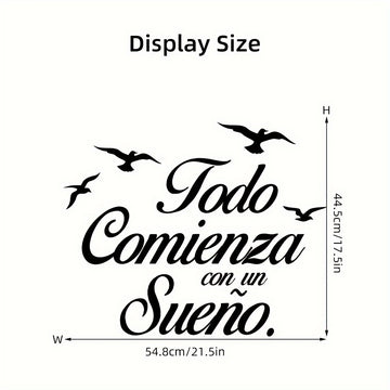 Pegatina de vinilo autoadhesiva 'Todo Comienza Con Un Sueño' - Calcomanía con frase motivadora en español para habitación, sala de estar u oficina - Estilo contemporáneo, diseño gráfico, acabado semimate, desmontable