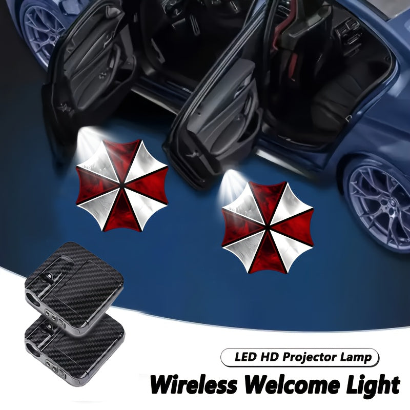 2 luces LED de bienvenida con diseño de paraguas rojo y corazón, encendido automático, luces proyectoras LED para auto, funcionan con pilas (pilas no incluidas) - Regalo ideal para dueños de autos, iluminación automotriz | Iluminación divertida | Diseño