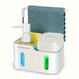 Juego de Dispensador de Jabón para Manos y Lavavajillas, Organizador 4 en 1 con Portaesponja y Portapaneles para Encimera de Cocina, Utiles Prácticos para la Cocina