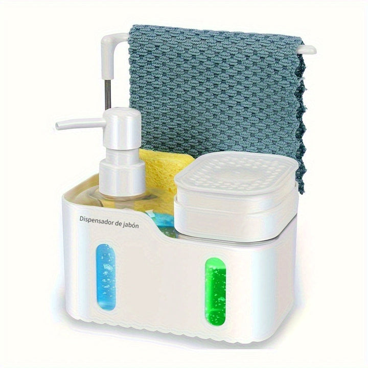 Juego de Dispensador de Jabón para Manos y Lavavajillas, Organizador 4 en 1 con Portaesponja y Portapaneles para Encimera de Cocina, Utiles Prácticos para la Cocina