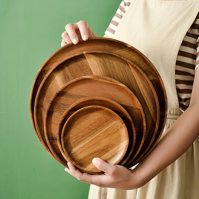 Plato De Madera De Acacia, Bandeja Redonda De Madera Para Servir Aperitivos, Frutas, Postres, Vajilla Rústica, Accesorios De Cocina Y Comedor, Decoración De Mesa