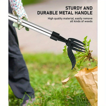 Pulidor de malezas de acero manual de 3 secciones con cabeza de cuatro garras y mango largo - Diseño de poste ergonómico para la fácil eliminación vertical de malezas, no se requiere doblarse o arrodillarse, herramienta de jardín duradera de metal para e