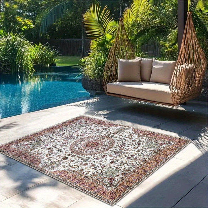 Alfombra de Lujo Seven Deer - Base Antideslizante, Beige/Blanco/Rojo/Gris/, Alfombra Grande para Sala, Patio o Juego - Fácil Limpieza Interior/Exterior, Diseño Floral, Textura Suave, Decoración Elegante para el Hogar