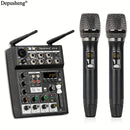 Mixer de audio profesional DEPUSHENG UF6-M de 6 canales, alimentado por USB, tensión de funcionamiento ≤36V, material ABS, receptor incorporado, dos micrófonos inalámbricos, consola de mezcla de sonido para vivo, boda, fiesta, grabación, emisión