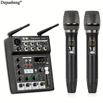 Mixer de audio profesional DEPUSHENG UF6-M de 6 canales, alimentado por USB, tensión de funcionamiento ≤36V, material ABS, receptor incorporado, dos micrófonos inalámbricos, consola de mezcla de sonido para vivo, boda, fiesta, grabación, emisión