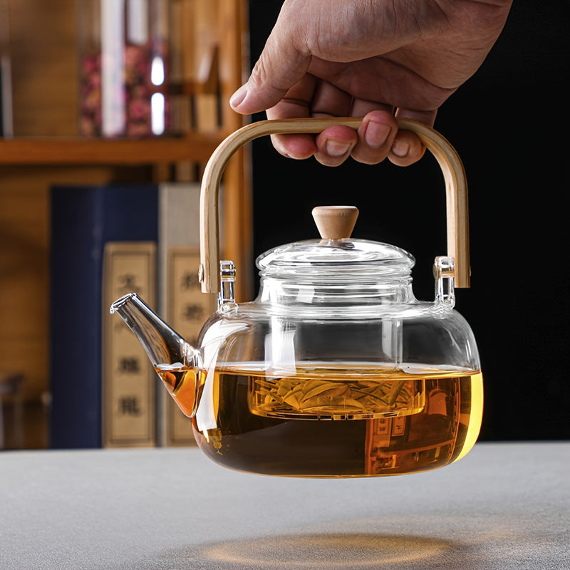 1pc Tetera de Vidrio Borosilicato Transparente de 1000ml con Infusor Extraíble - Apta para Cocina, Ideal para Té de Hojas y Té en Flor, Perfecta para Uso Doméstico o de Cocina, Diseño Transparente con Mango de Madera, Ideal para Regalos de Vacaciones, In