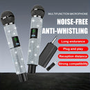 Sistema de micrófono con conector de 3,5 mm a 6,35 mm, control de volumen, indicador de batería y conectividad inalámbrica de 2,4 GHz, recargable.