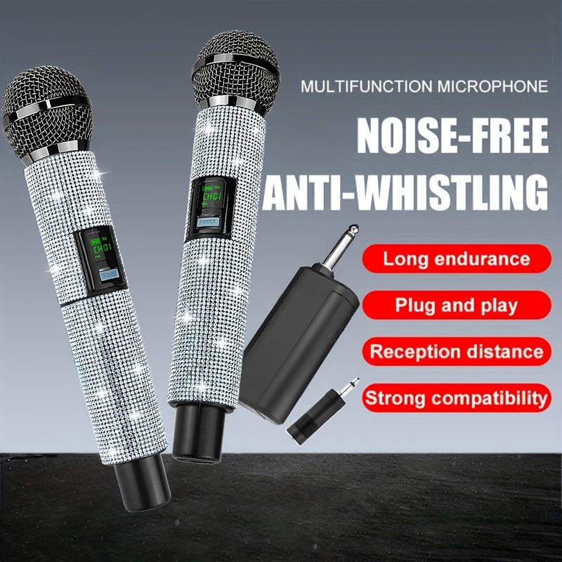 Sistema de micrófono con conector de 3,5 mm a 6,35 mm, control de volumen, indicador de batería y conectividad inalámbrica de 2,4 GHz, recargable.