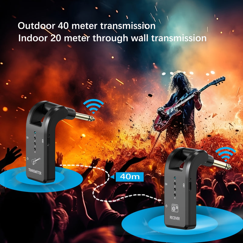 Sistema de guitarra inalámbrico de 2,4 GHz, receptor de audio recargable de 8 canales con carga USB-C, baja latencia para guitarra eléctrica, bajo y más, incluye amplificador, micrófono y accesorios para bajo y guitarra.