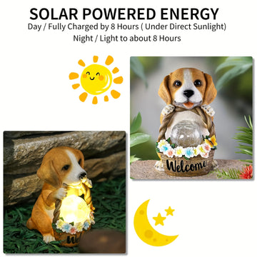 1pc Decoración De Jardín Perro Energía Solar Animal Decoración Señal De Bienvenida, Estatua Luz Nocturna, Luz De Resina Artesanal De Jardín