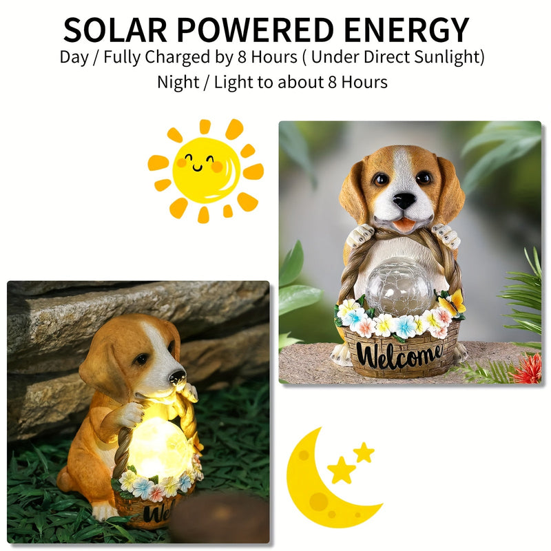 1pc Decoración De Jardín Perro Energía Solar Animal Decoración Señal De Bienvenida, Estatua Luz Nocturna, Luz De Resina Artesanal De Jardín