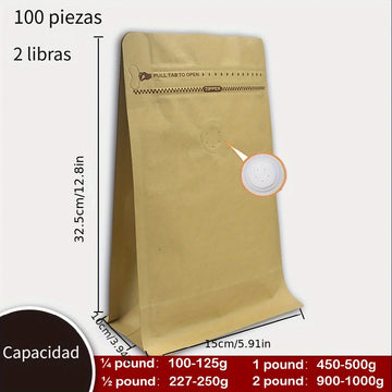 100 piezas Bolsa de Café Kraft con Válvula Unidireccional y Sellado Automático para Granos de Café, Frutos Secos y Semillas, Hojas de Té