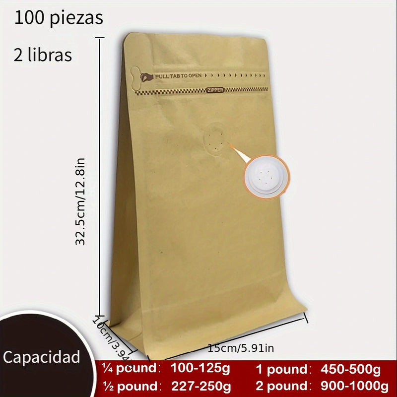 100 piezas Bolsa de Café Kraft con Válvula Unidireccional y Sellado Automático para Granos de Café, Frutos Secos y Semillas, Hojas de Té