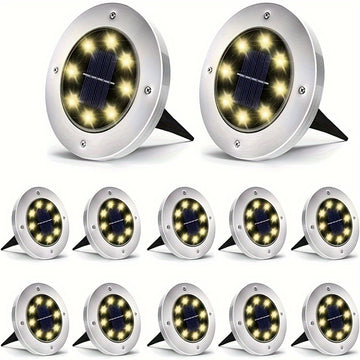 12PCS Luces de jardín solares - Luminaria LED eficiente en energía con sensor de luz, montaje semi-hundido, pantalla de lámpara de acero inoxidable pulido, cuerpo de ABS, fixture decorada con cristal desmontable, base de bombilla B15d, batería de níquel