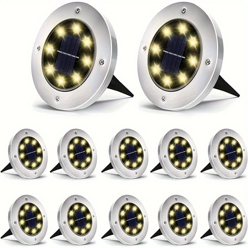 12PCS Luces de jardín solares - Luminaria LED eficiente en energía con sensor de luz, montaje semi-hundido, pantalla de lámpara de acero inoxidable pulido, cuerpo de ABS, fixture decorada con cristal desmontable, base de bombilla B15d, batería de níquel