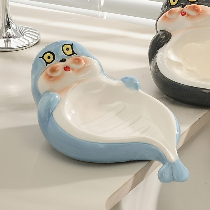 Caja de Jabón con Diseño de Foca de Dibujos Animados (1 pieza) - Soporte para Jabón Cerámico con Desagüe, Diseño Rectangular Lindo para Baño o Encimera del Inodoro, Estantes Creativos para Uso Doméstico