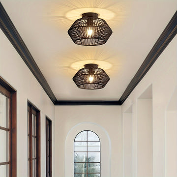 Lámpara de techo estilo boho de mediados de siglo, base E27, montaje semiempotrado, pantalla de 32.0 cm tejida a mano en ratán y metal, acabado barnizado, instalación cableada para dormitorio, pasillo, habitación infantil o sala de estar - Negro